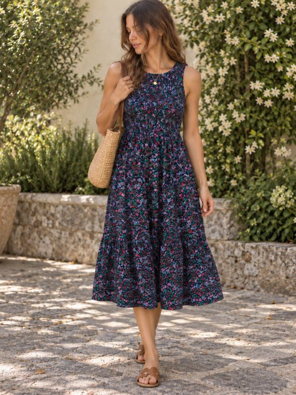 J.Crew Navy Ditsy Floral Smocked Tiered Midi Dress Size M Botanical Cottagecore
